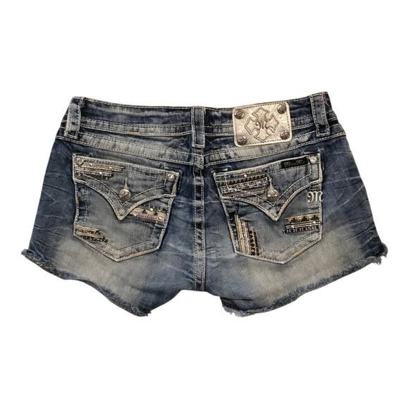 Miss Me Signature Short Womens Size 29 Blue Distressed Rhinestones Embroidery - Picture 2 of 16